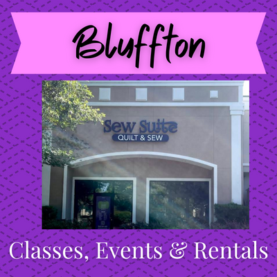 Building with 'Sew Suite' sign on a purple background with text about classes, events, and rentals.