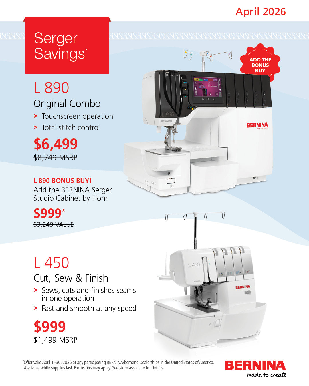 Advertisement for Bernina serger machines with pricing and bonuses on a light blue background.
