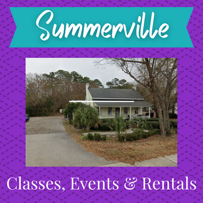 Sew Suite Studio building with 'Summerville' text overlay on a purple and teal background